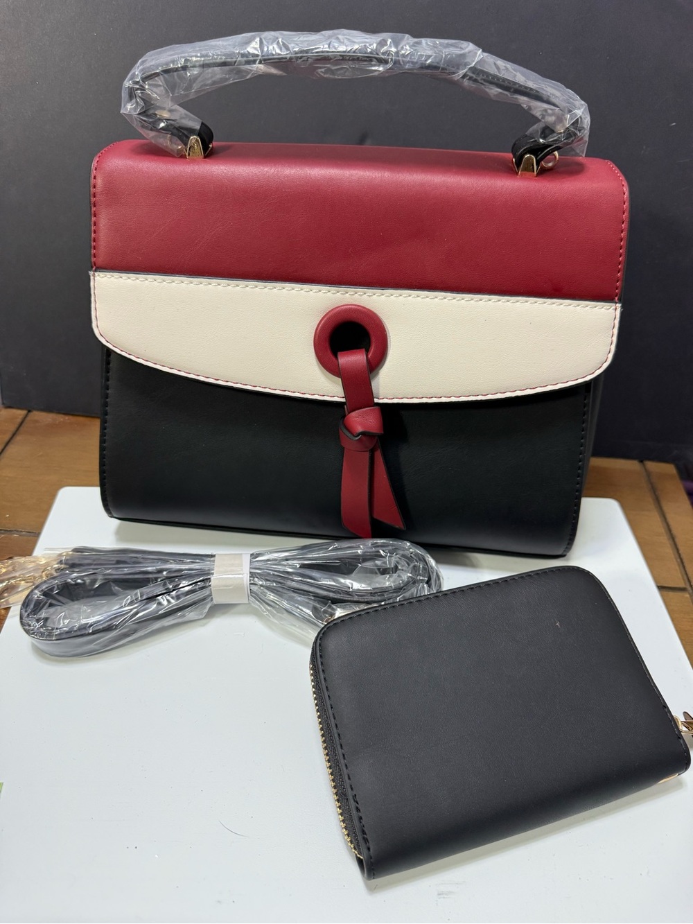 NWT Women’s Colorblock Top-Handle Bag with Wallet and Crossbody Strap - Wine